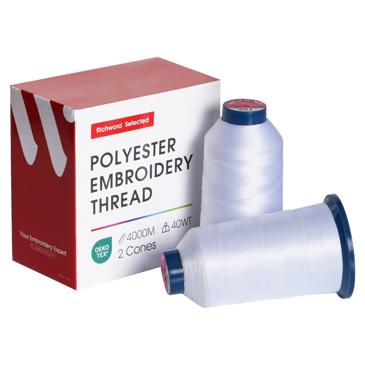 Richword Selected Embroidery Thread, 2 Rolls per Pack, 4000M (4374Y) 40WT Polyester Thread, White, Black, Red & Combo, Huge Spool for All Embroidery Machines